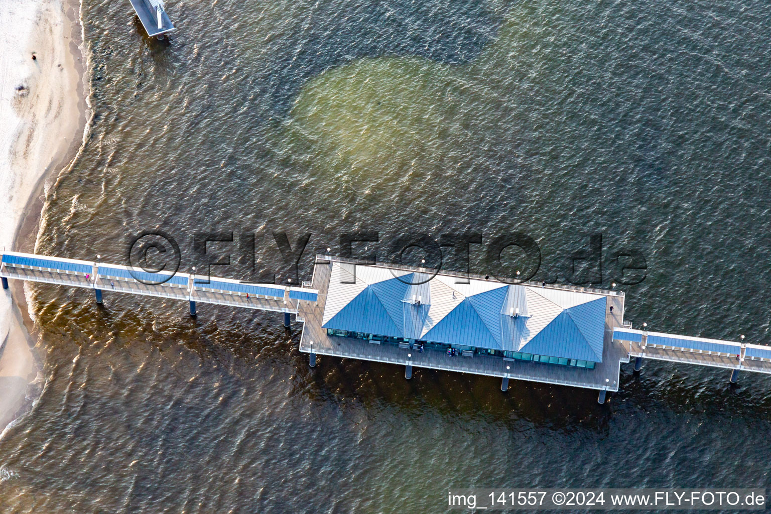 Middle platform of the pier Heringsdorf: longest illuminated pier with restaurant in Heringsdorf in the state Mecklenburg-Western Pomerania, Germany