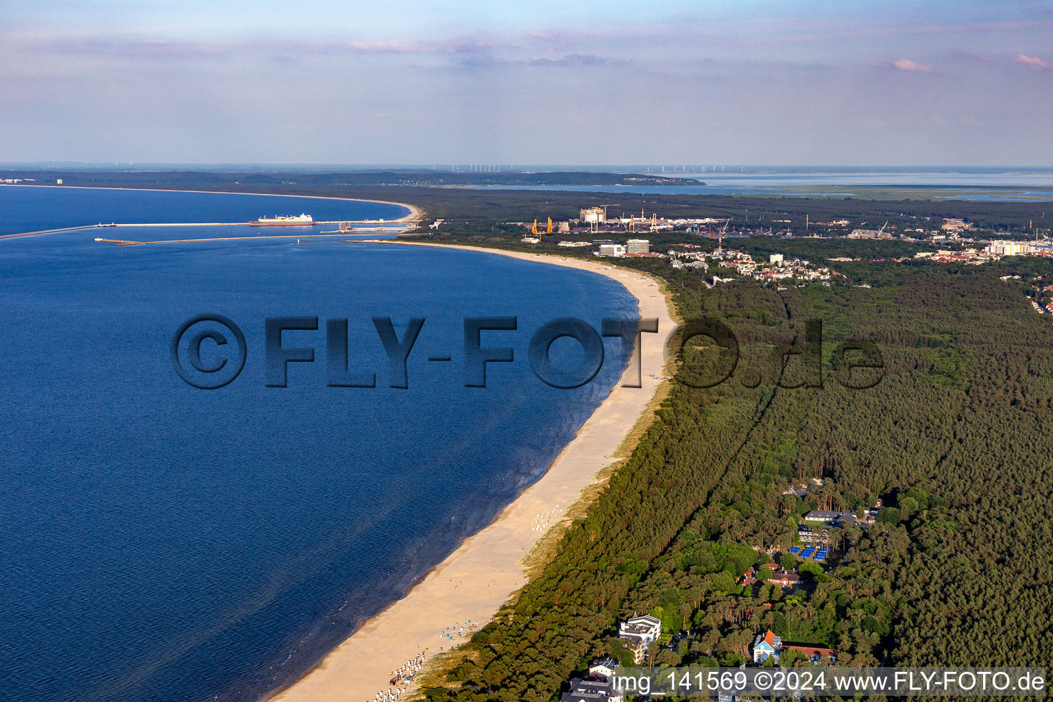 Ahlbeck border beach and Swinoujscie Baltic Sea port in the district Ahlbeck U in Heringsdorf in the state Mecklenburg-Western Pomerania, Germany