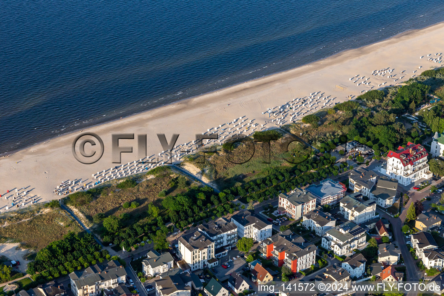 Aerial view of Baltic Sea beach at Dünenstr in the district Ahlbeck U in Heringsdorf in the state Mecklenburg-Western Pomerania, Germany