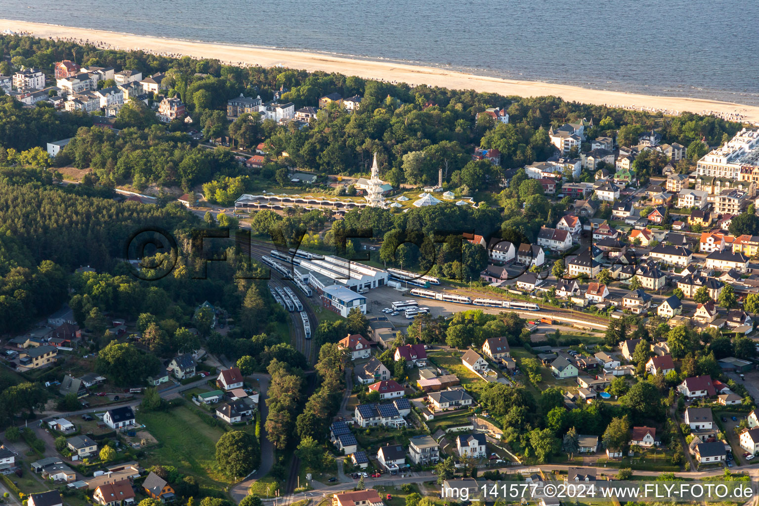 Aerial view of Observation tower at the Ostseetherme in the district Ahlbeck U in Heringsdorf in the state Mecklenburg-Western Pomerania, Germany