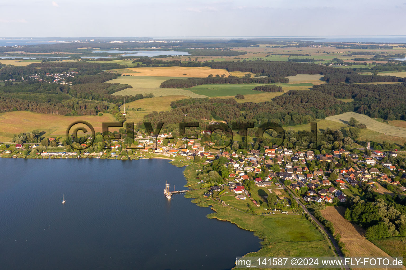 Aerial view of Two-master at the jetty Neppermin in the district Neppermin in Benz in the state Mecklenburg-Western Pomerania, Germany