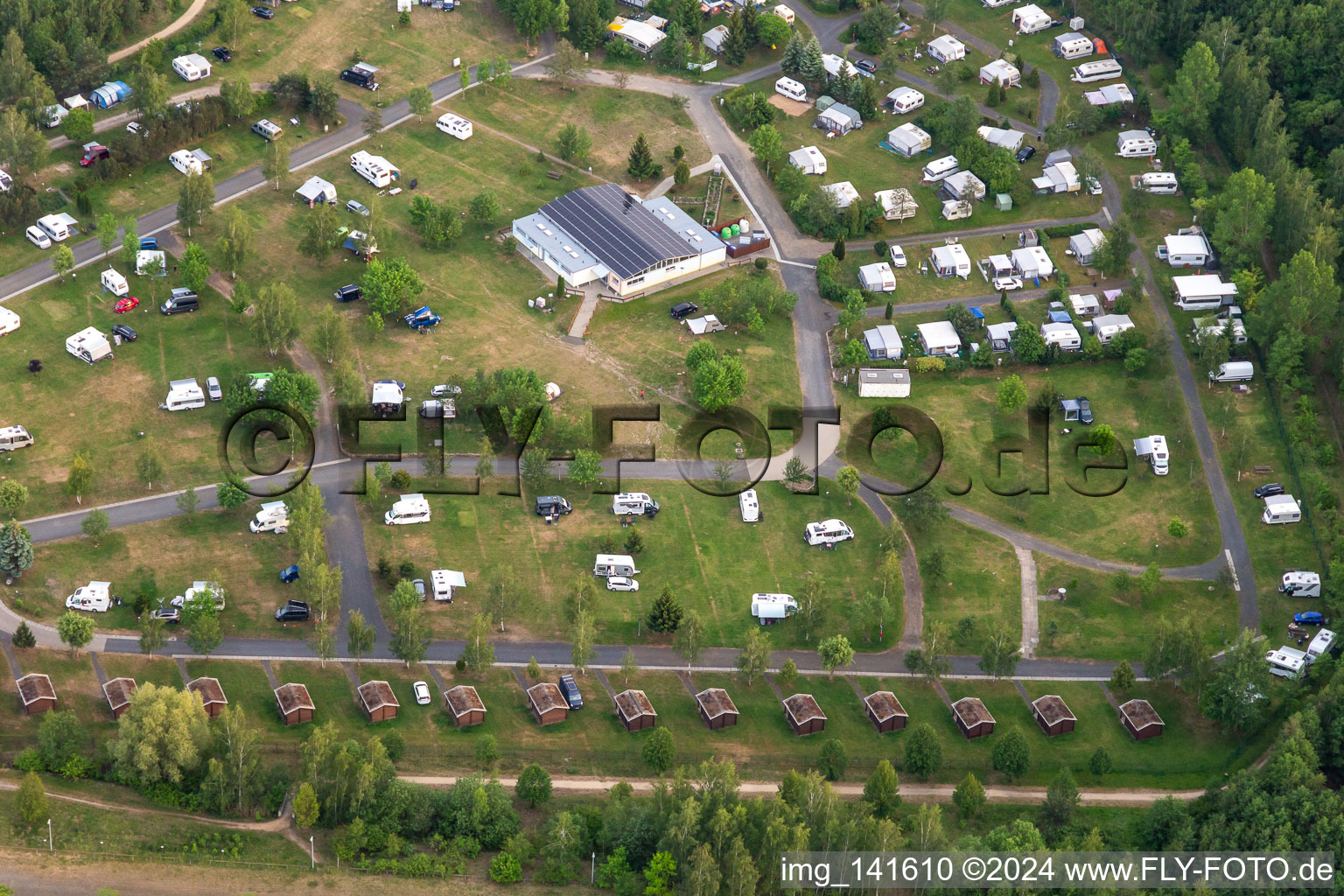 Aerial view of SeeCamping Zittau Mountains at Olbersdorfer See in Olbersdorf in the state Saxony, Germany