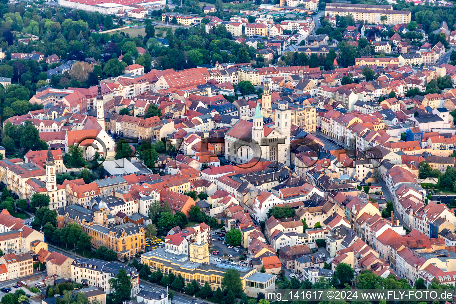 Historic old town with St. John's Church and tourism center Zittau Mountains Nature Park on the market in Zittau in the state Saxony, Germany