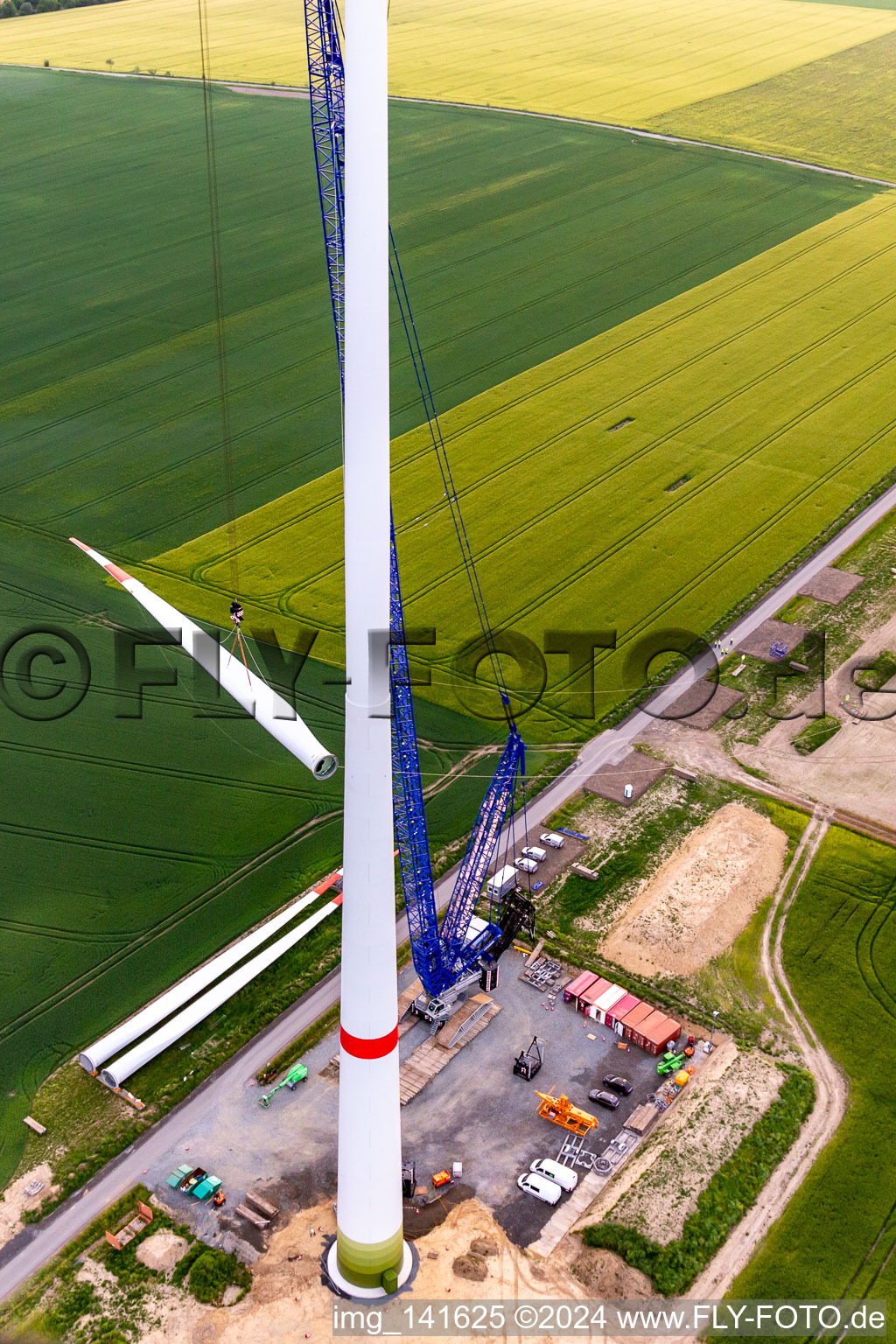 Aerial view of Construction site of a wind turbine at the Oberseifersdorf wind farm of Alterric Deutschland GmbH and Energiequelle GmbH in the district Eckartsberg in Mittelherwigsdorf in the state Saxony, Germany