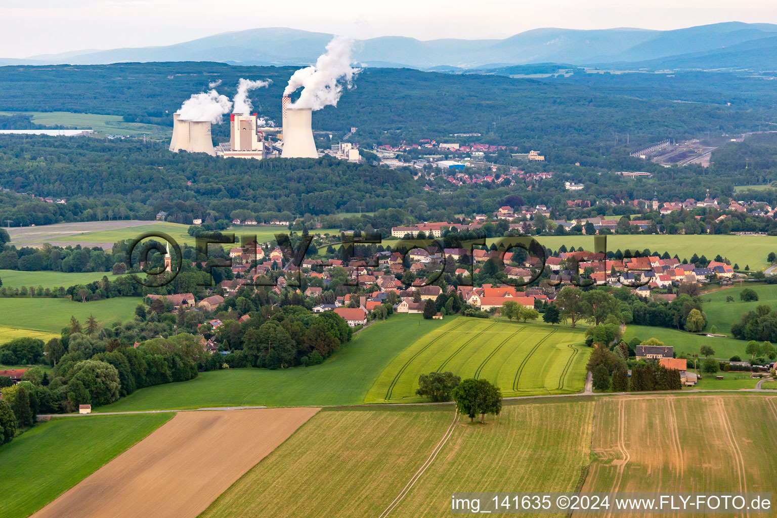 From the west in the background the Polish lignite opencast mine and power plant Turów in the district Dittelsdorf in Zittau in the state Saxony, Germany