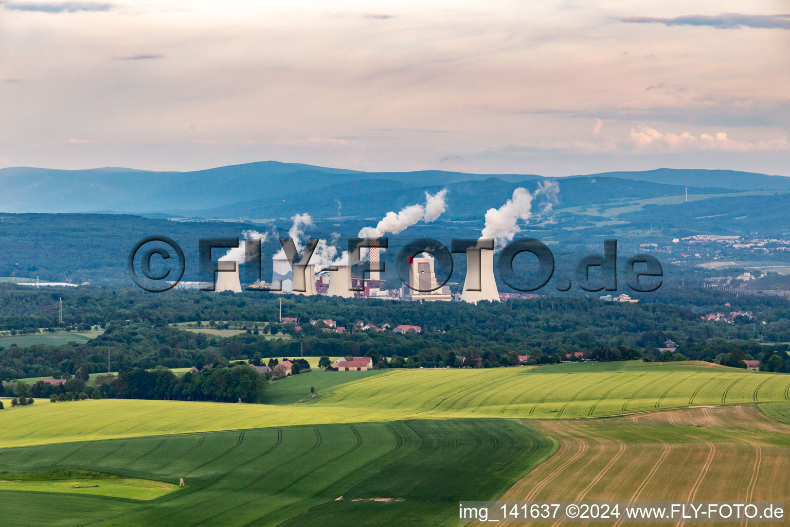 From the northwest in the background the Polish lignite opencast mine and power plant Turów in the district Dittelsdorf in Zittau in the state Saxony, Germany