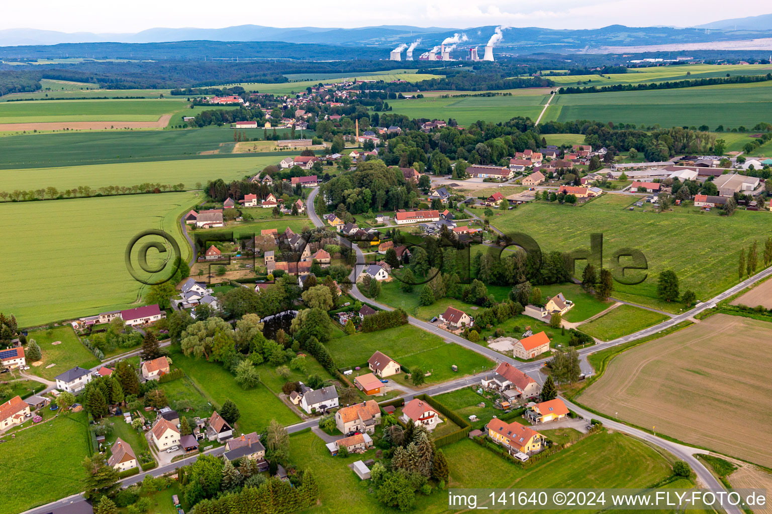 From the north in the background the Polish lignite opencast mine and power plant Turów in the district Burkersdorf in Zittau in the state Saxony, Germany