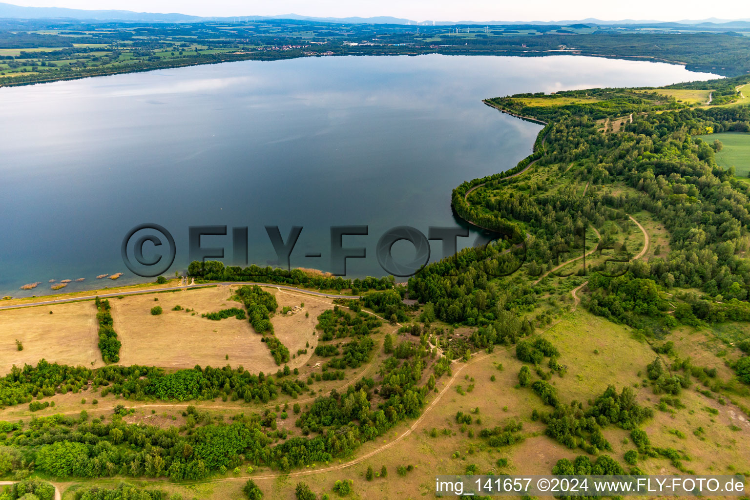 North-eastern shore of Lake Berzdorf with Pimmelblo bike park and Klein Neundorf viewpoint in the district Deutsch Ossig in Görlitz in the state Saxony, Germany