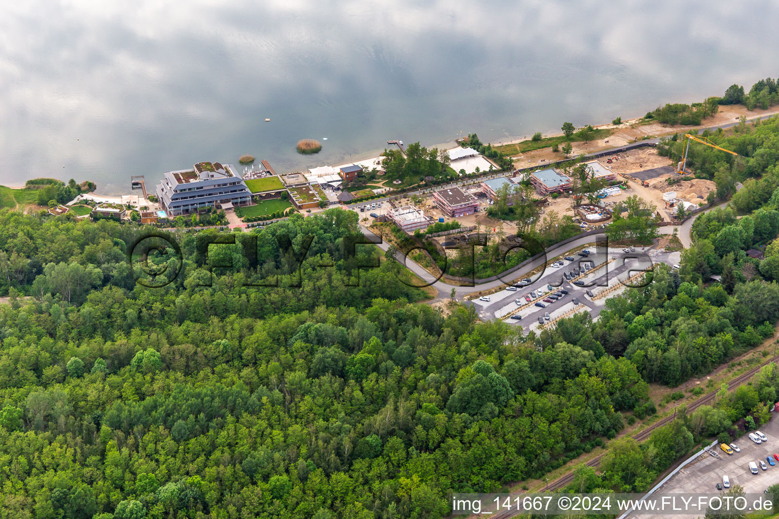 Aerial view of Island of the Senses - Hotel - Restaurant - Spa at Lake Berzdorf in the district Hagenwerder in Görlitz in the state Saxony, Germany