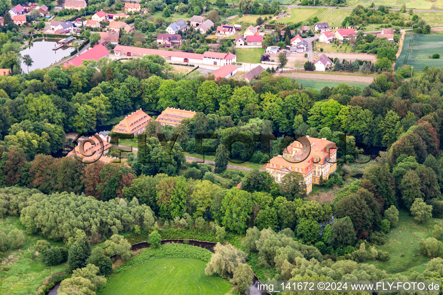 Aerial view of Castle Radomierzyce in Radomierzyce in the state Lower Silesia, Poland