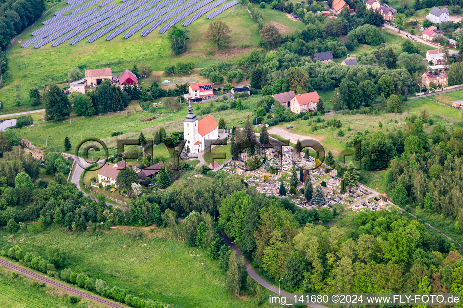 Aerial view of Church of St. John the Baptist "Kościół pw. św. Jana Chrzciciela in Krzewina in the state Lower Silesia, Poland