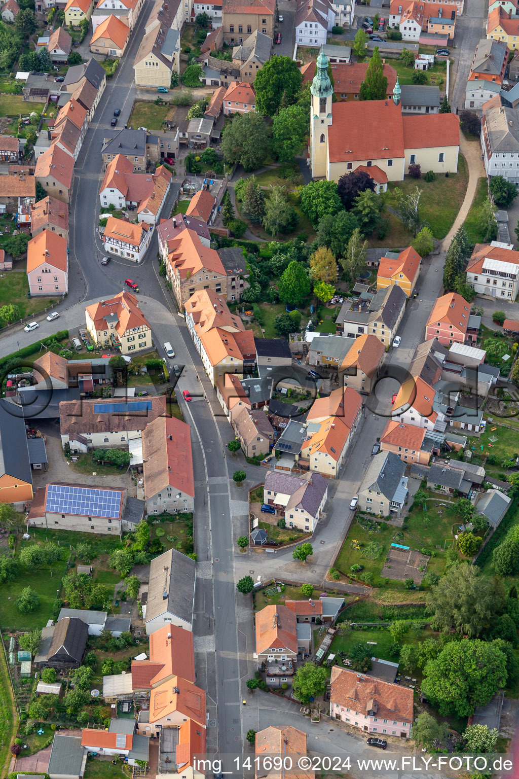 Aerial view of Church of the Assumption in Ostritz in the state Saxony, Germany