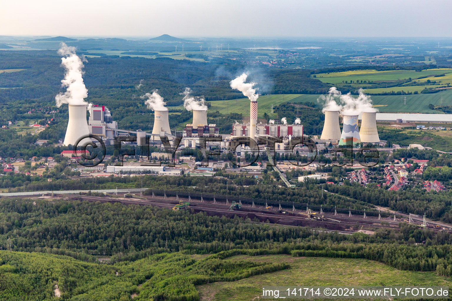 Aerial view of Brown coal power plant Turów "PGE Górnictwo i Energetyka Konwencjonalna SA, Oddział Elektrownia Turów in Bogatynia in the state Lower Silesia, Poland