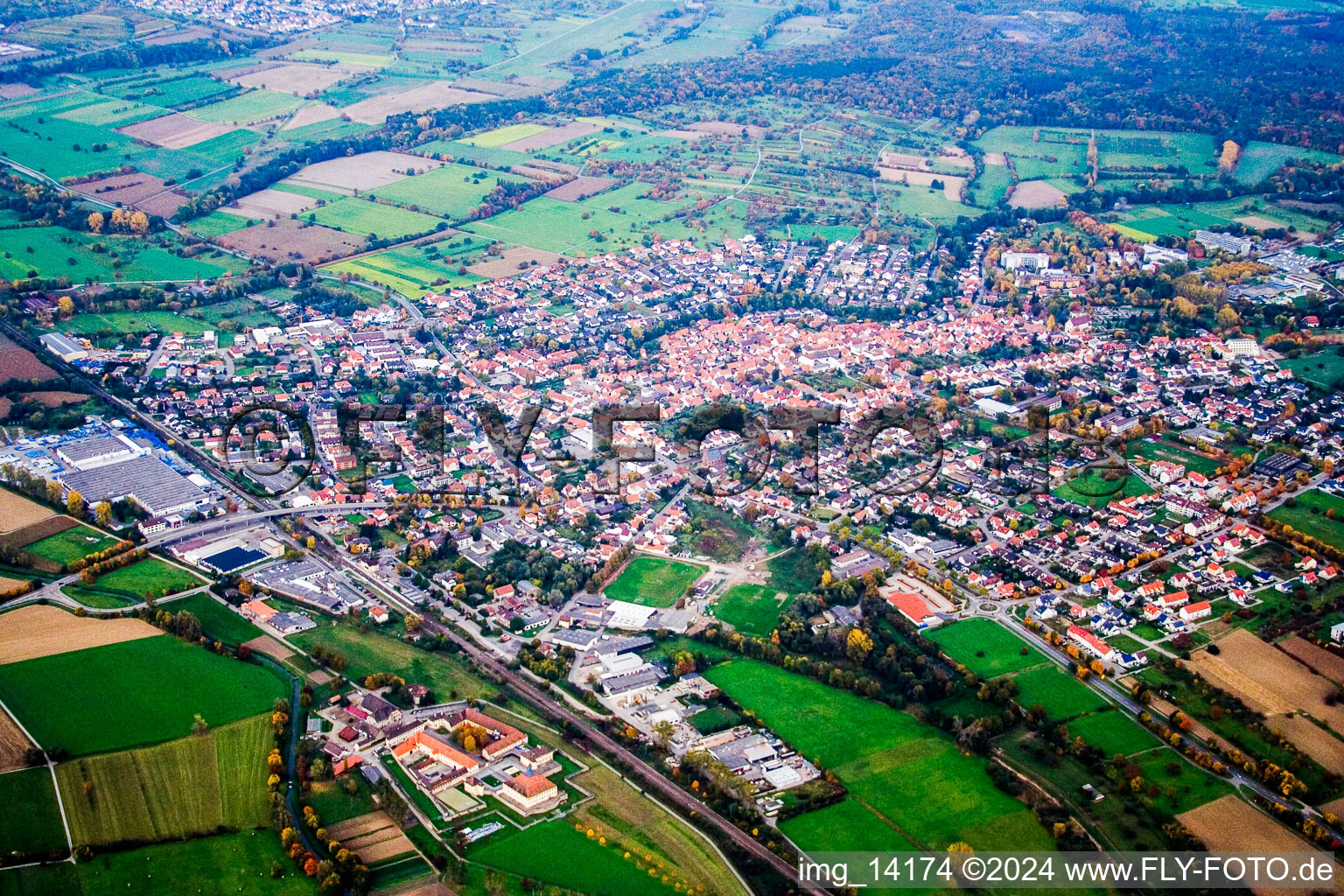 Town View of the streets and houses of the residential areas in the district Mingolsheim in Bad Schoenborn in the state Baden-Wurttemberg