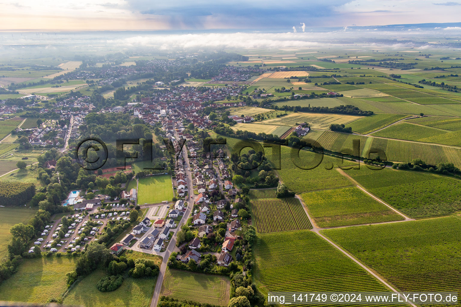 Klingener Straße from the west in the district Ingenheim in Billigheim-Ingenheim in the state Rhineland-Palatinate, Germany