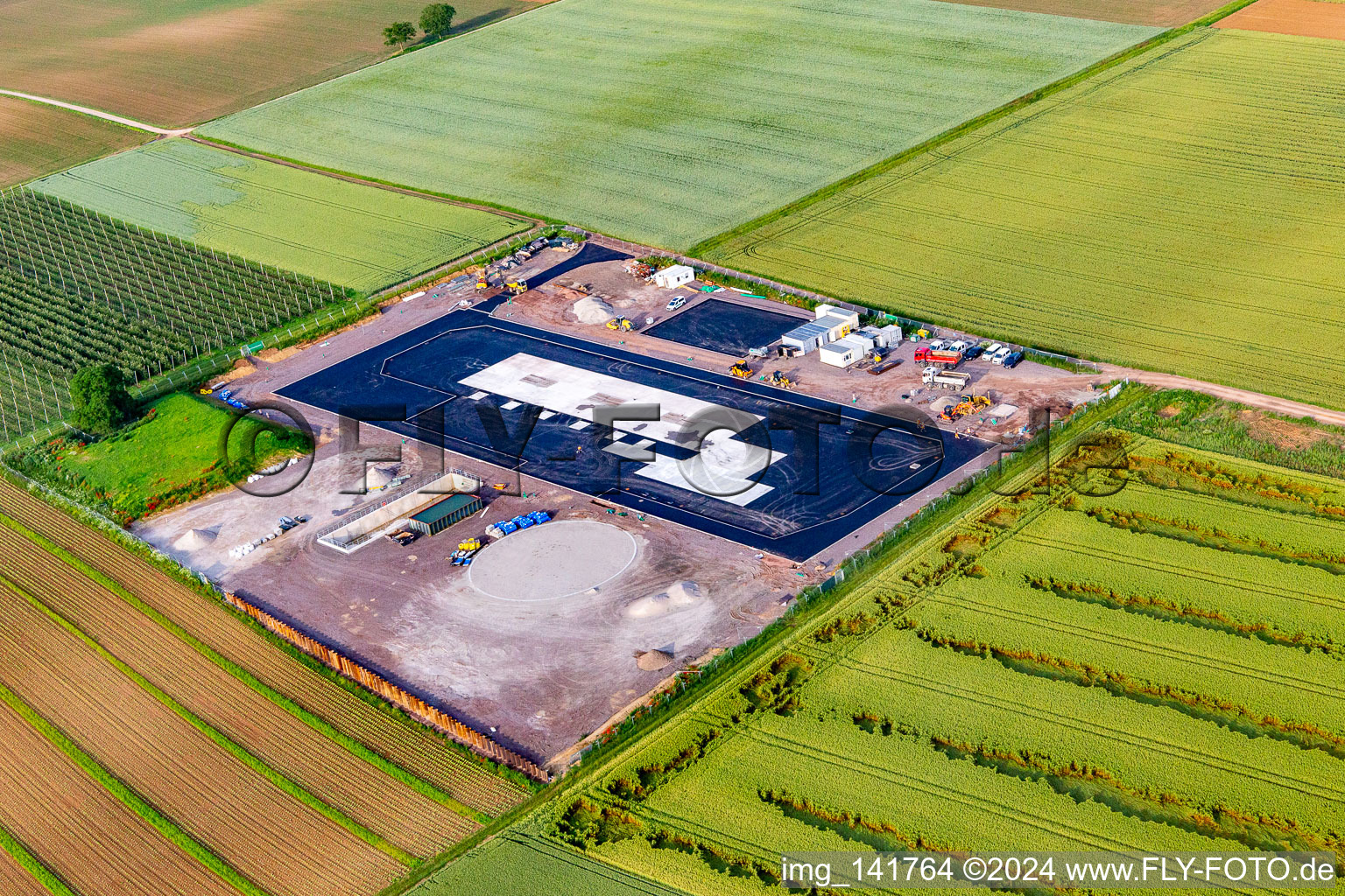 Aerial view of Construction site for the foundation of an agricultural hall in Insheim in the state Rhineland-Palatinate, Germany