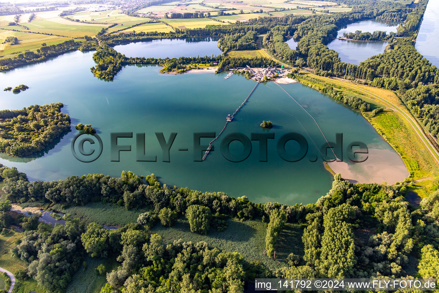 Aerial view of Giesen bathing lake Liedolsheim in the district Liedolsheim in Dettenheim in the state Baden-Wuerttemberg, Germany