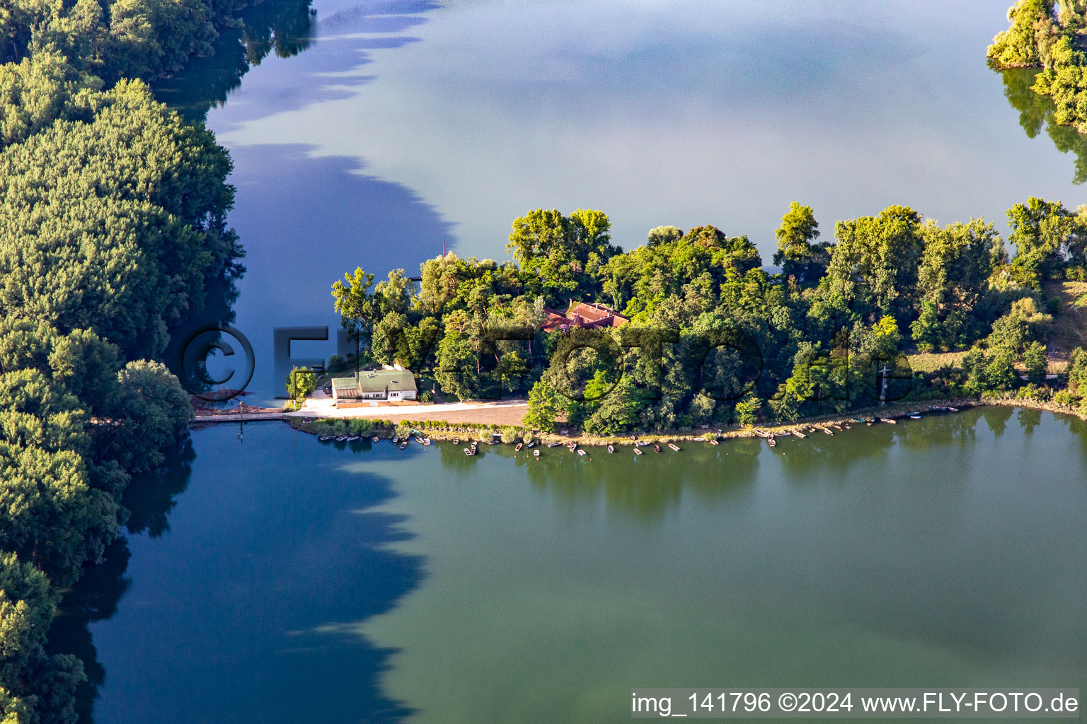 Restaurant on Rott Island on the Rhine in Linkenheim-Hochstetten in the state Baden-Wuerttemberg, Germany