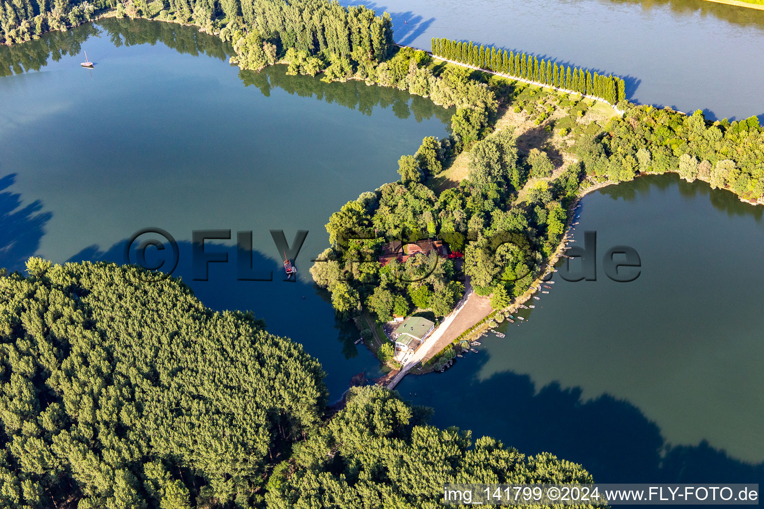 Pappelallee and restaurant on Rott Island on the Rhine in Linkenheim-Hochstetten in the state Baden-Wuerttemberg, Germany