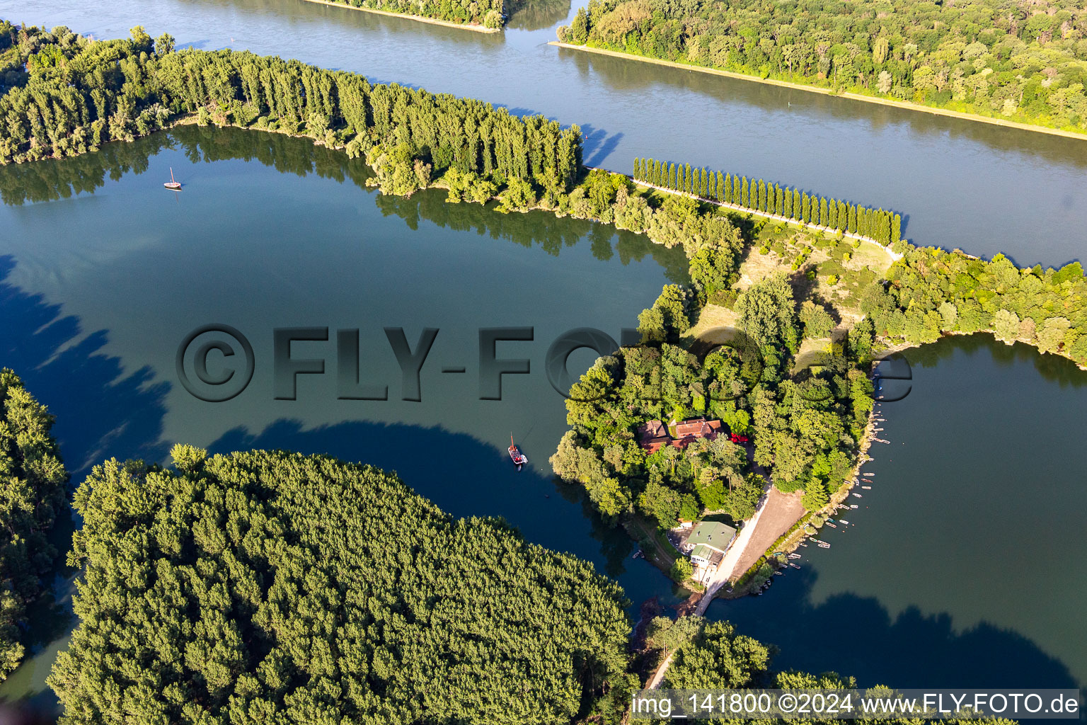 Aerial view of Pappelallee and restaurant on Rott Island on the Rhine in Linkenheim-Hochstetten in the state Baden-Wuerttemberg, Germany