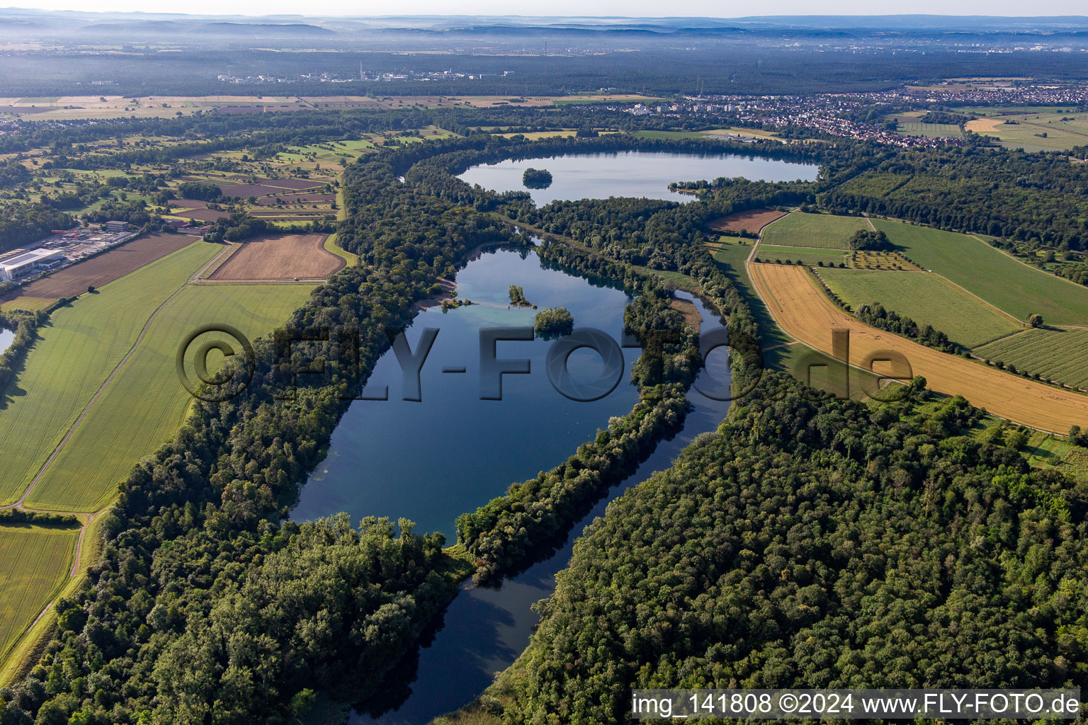 Aerial view of Rhine lowland canal between Streitköpfle Lake and Baggersee Mittelgrund in the district Leopoldshafen in Eggenstein-Leopoldshafen in the state Baden-Wuerttemberg, Germany