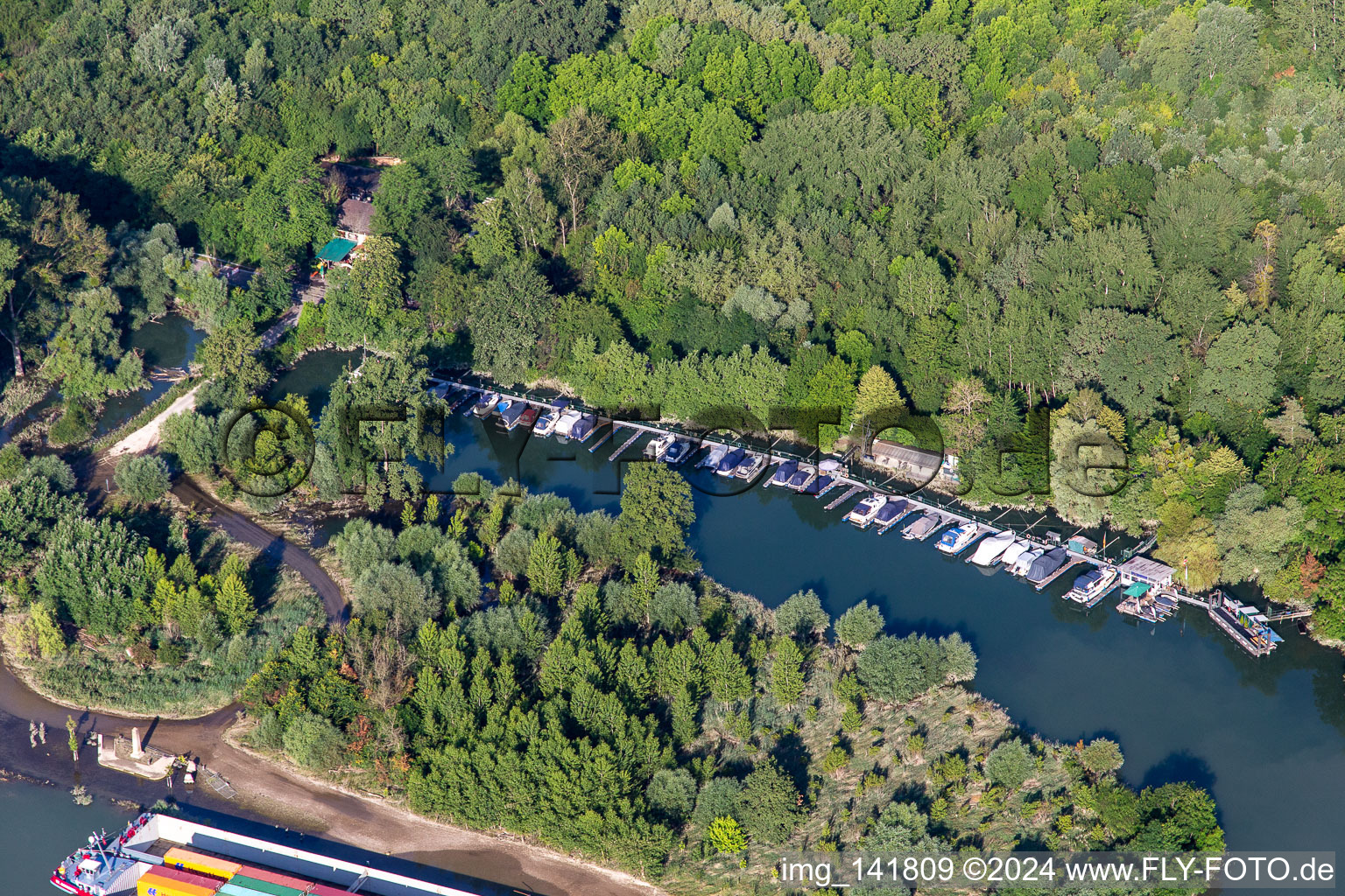 Aerial view of Sports boat harbor on the Leimersheimer Altrhein in Leimersheim in the state Rhineland-Palatinate, Germany