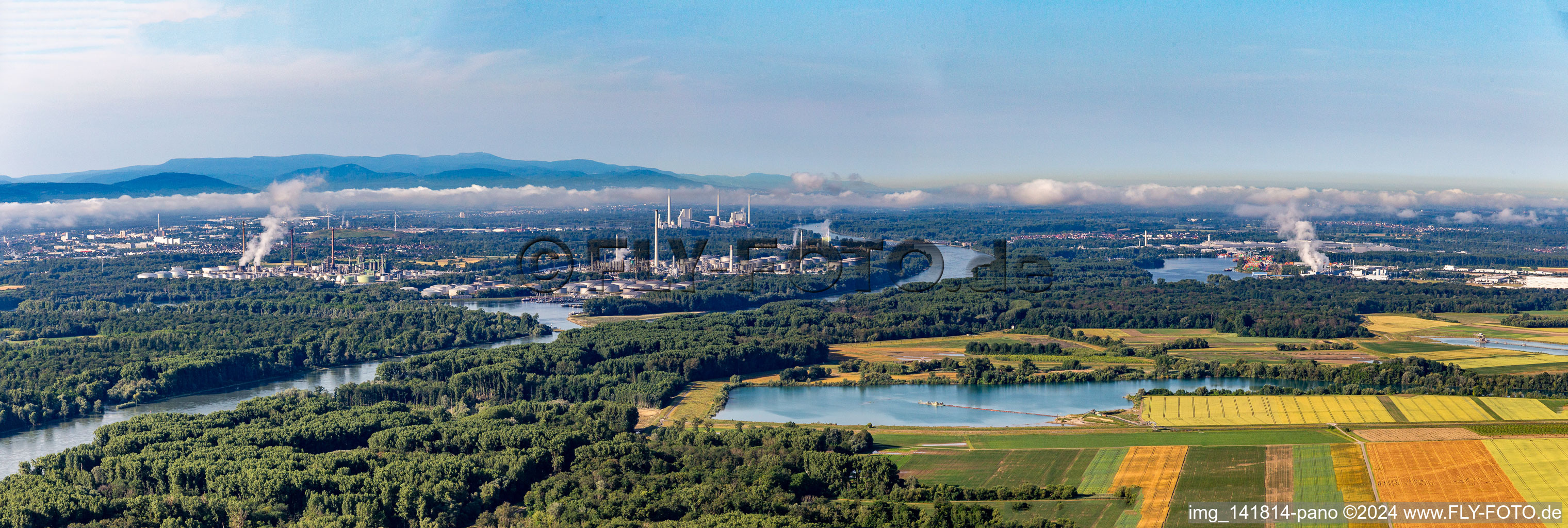 Panorama of the Rhine Valley from the Rheinzaberner Baggersee to the MIRO behind the oil port in the district Knielingen in Karlsruhe in the state Baden-Wuerttemberg, Germany