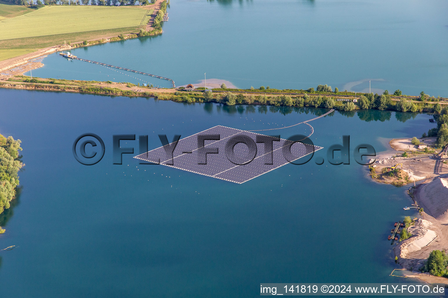 Floating solar park on a lake in Leimersheim in the state Rhineland-Palatinate, Germany