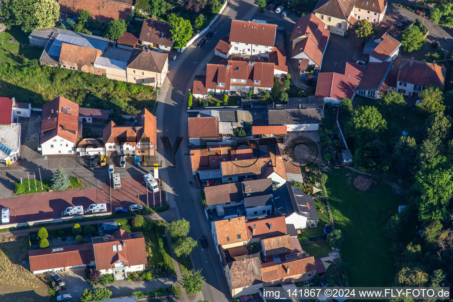 Aerial view of Autohaus Frey GmbH in Minfeld in the state Rhineland-Palatinate, Germany