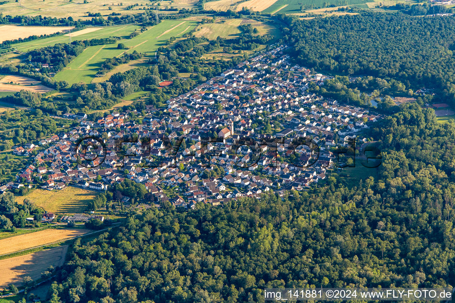 Oblique view of From the north in the district Neuburgweier in Rheinstetten in the state Baden-Wuerttemberg, Germany