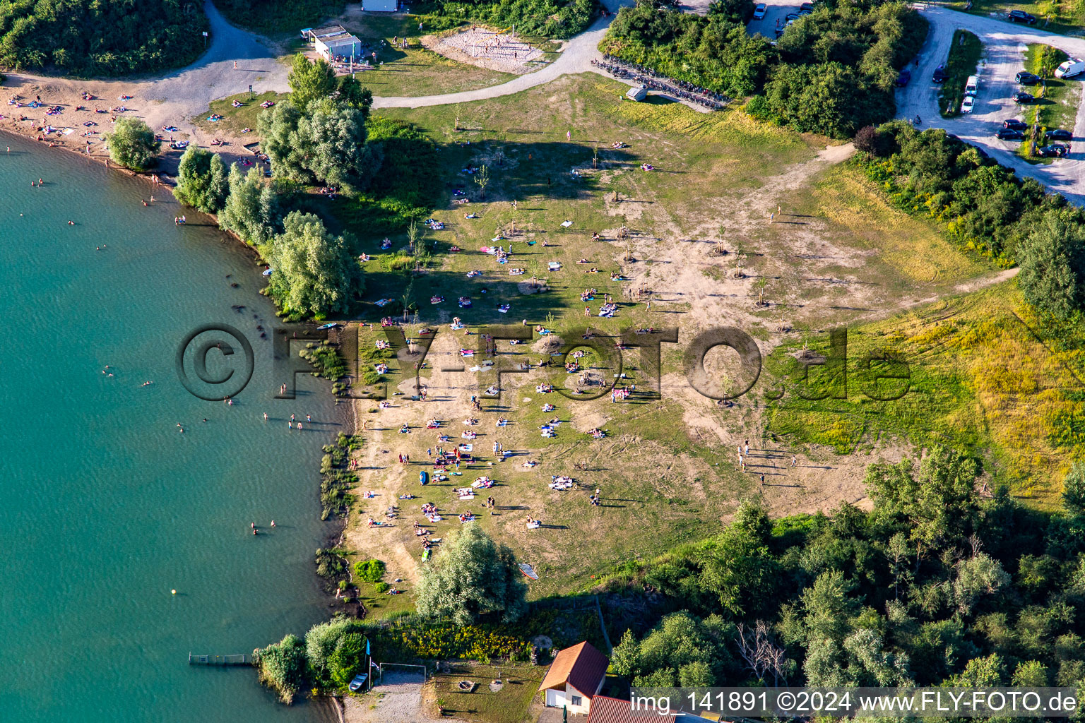 Aerial photograpy of Lawn at Epplesee in the district Silberstreifen in Rheinstetten in the state Baden-Wuerttemberg, Germany