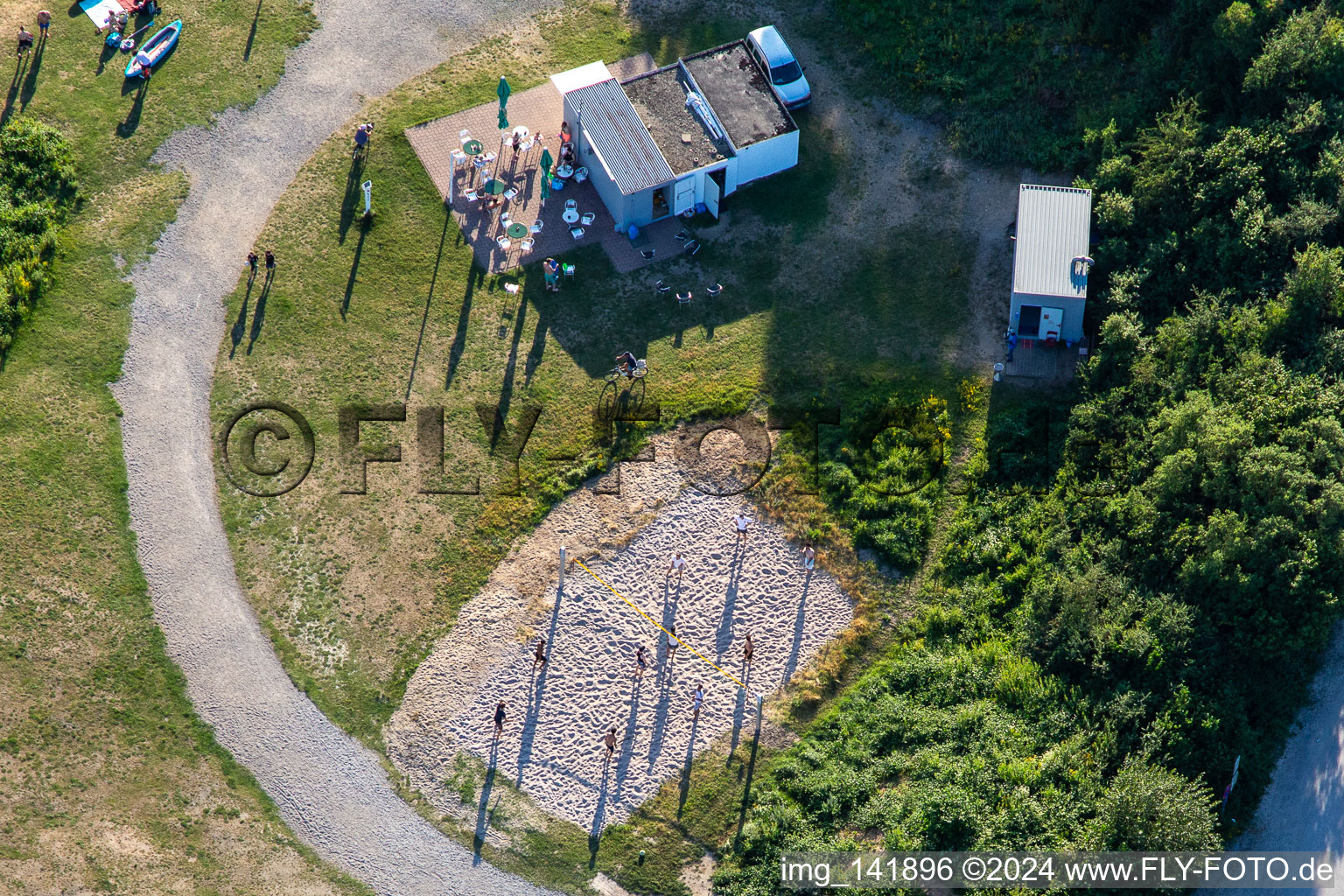 Aerial view of Beach volleyball court at Epplesee in the district Silberstreifen in Rheinstetten in the state Baden-Wuerttemberg, Germany