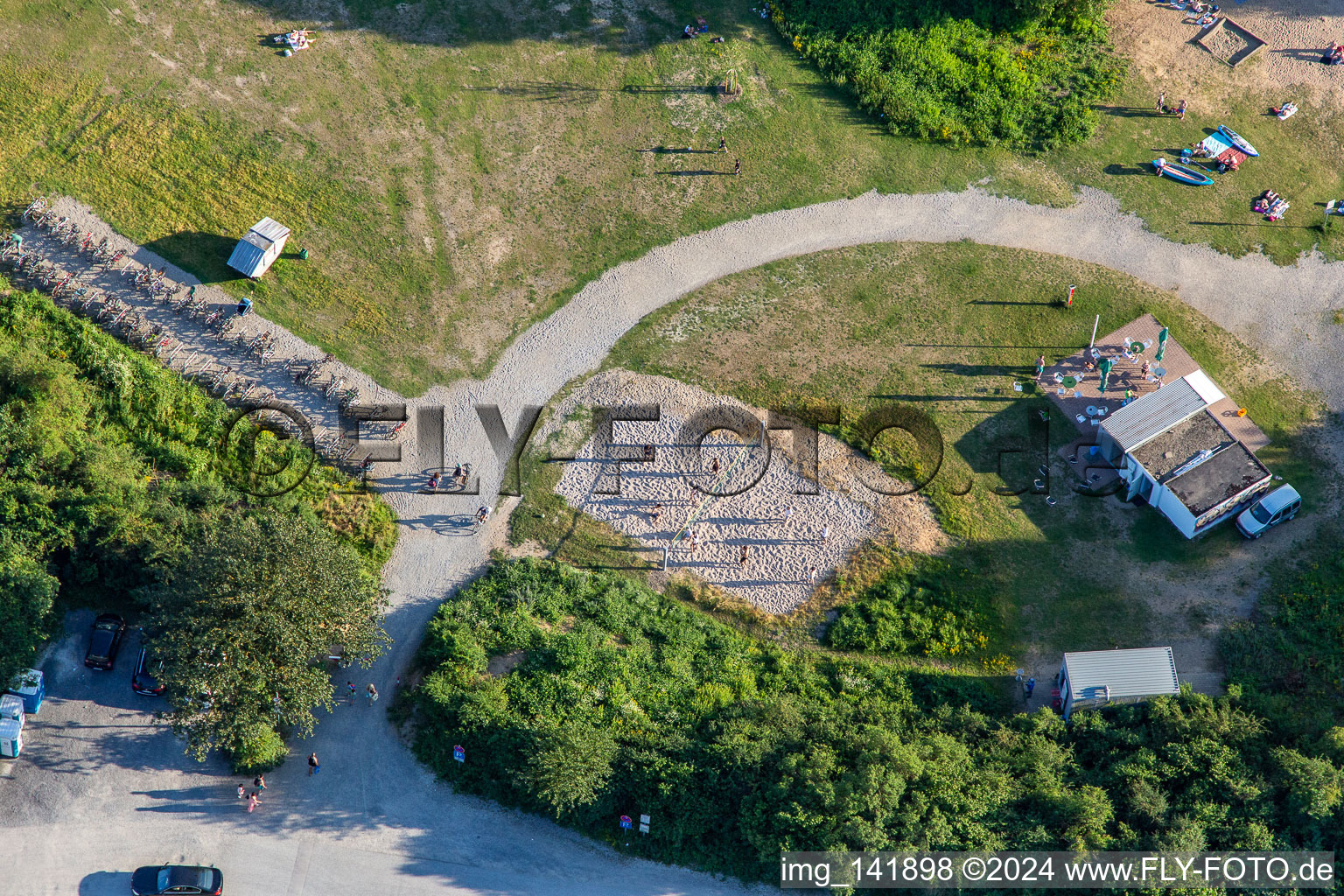 Aerial photograpy of Beach volleyball court at Epplesee in the district Silberstreifen in Rheinstetten in the state Baden-Wuerttemberg, Germany