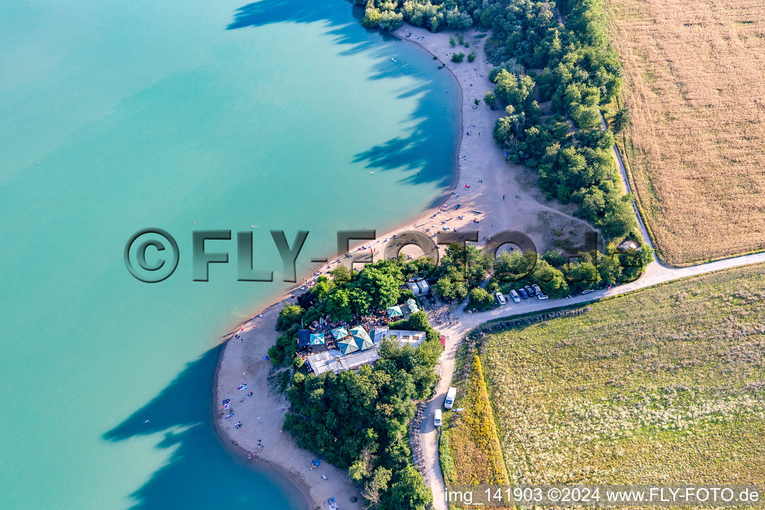 Aerial view of Seegugger beer garden at Epplesee in the district Forchheim in Rheinstetten in the state Baden-Wuerttemberg, Germany