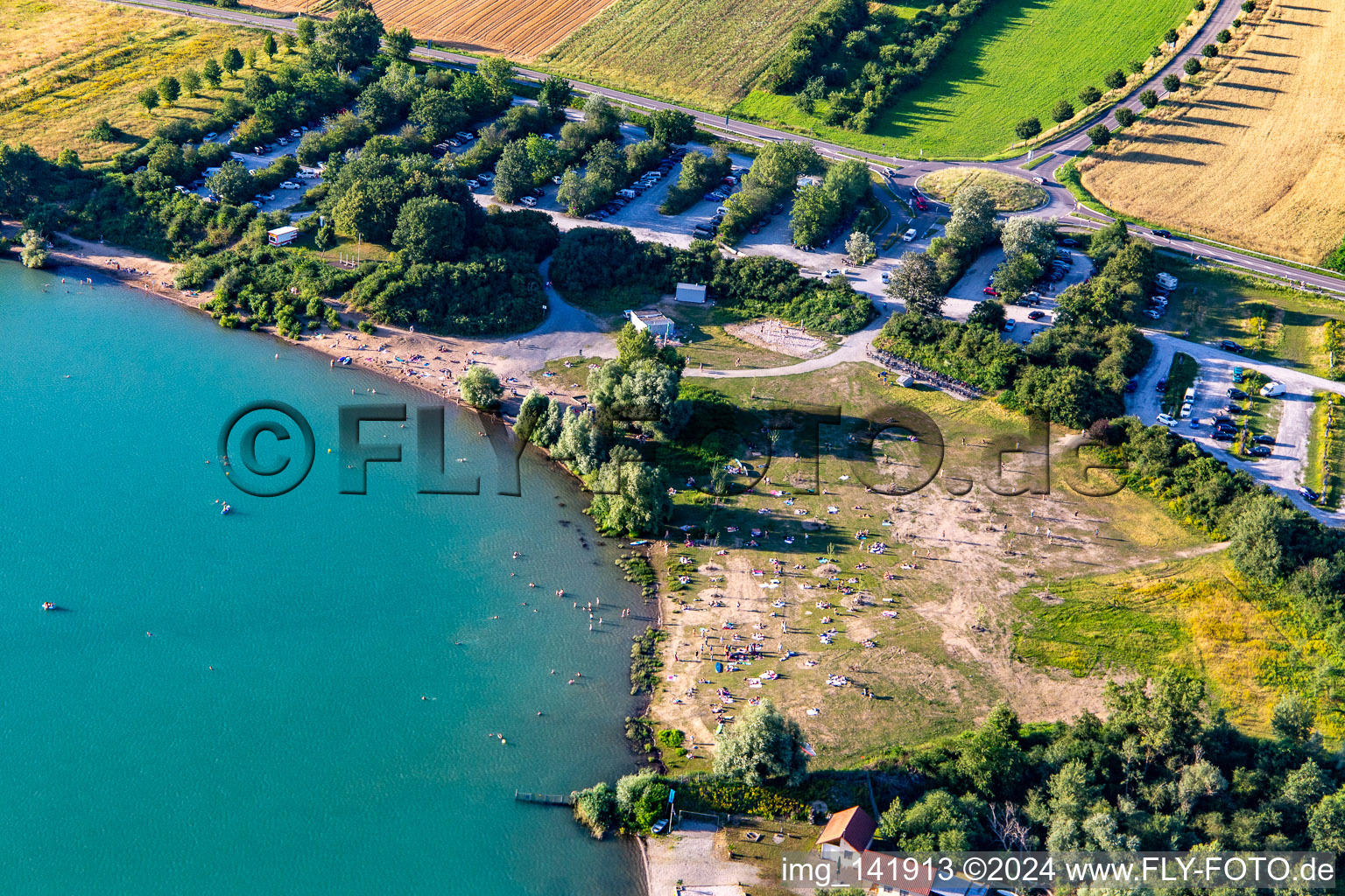 Oblique view of Lawn at Epplesee in the district Silberstreifen in Rheinstetten in the state Baden-Wuerttemberg, Germany