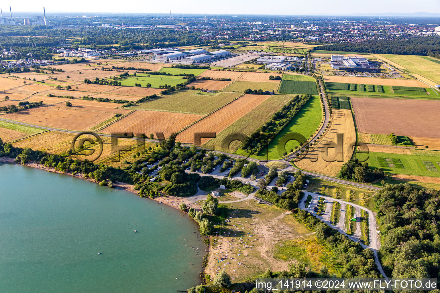 Lawn at Epplesee in the district Silberstreifen in Rheinstetten in the state Baden-Wuerttemberg, Germany from above