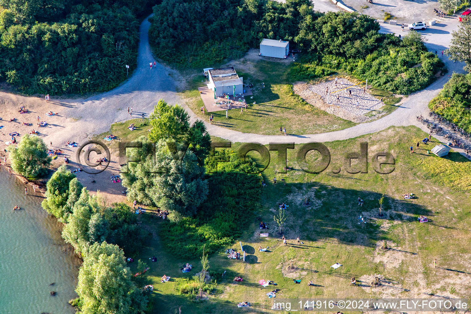 Oblique view of Beach volleyball court at Epplesee in the district Silberstreifen in Rheinstetten in the state Baden-Wuerttemberg, Germany