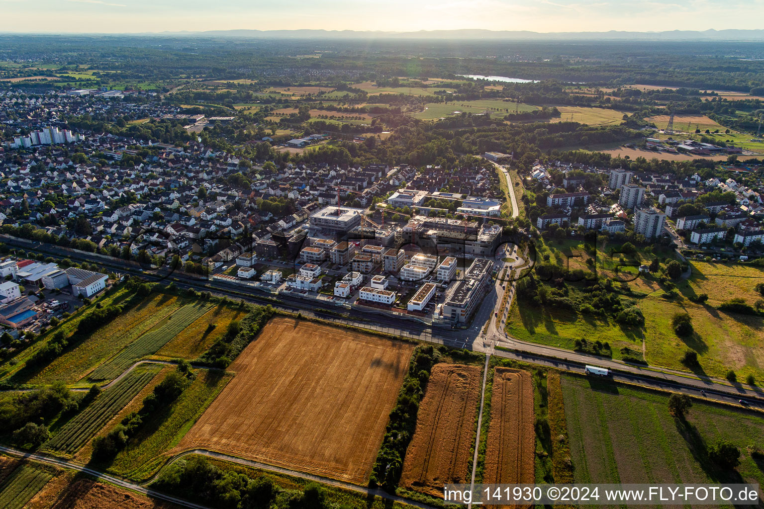 Aerial photograpy of Multi-family house construction site "New City Centre" from the east in the district Mörsch in Rheinstetten in the state Baden-Wuerttemberg, Germany