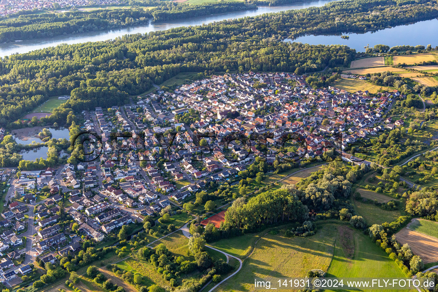 Aerial view of From the southeast in the district Neuburgweier in Rheinstetten in the state Baden-Wuerttemberg, Germany