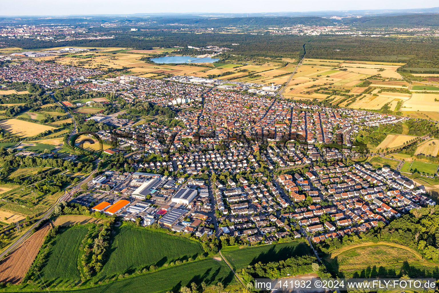 Aerial view of From the west in the district Mörsch in Rheinstetten in the state Baden-Wuerttemberg, Germany