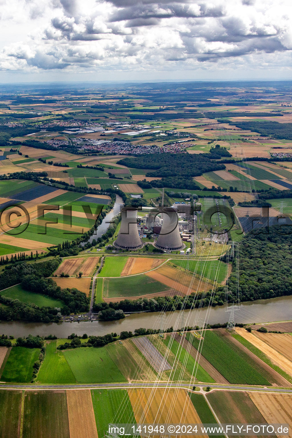 Shutdown nuclear power plant Grafenrheinfeld of Preussenelektra GmbH before demolition of the cooling towers in Grafenrheinfeld in the state Bavaria, Germany