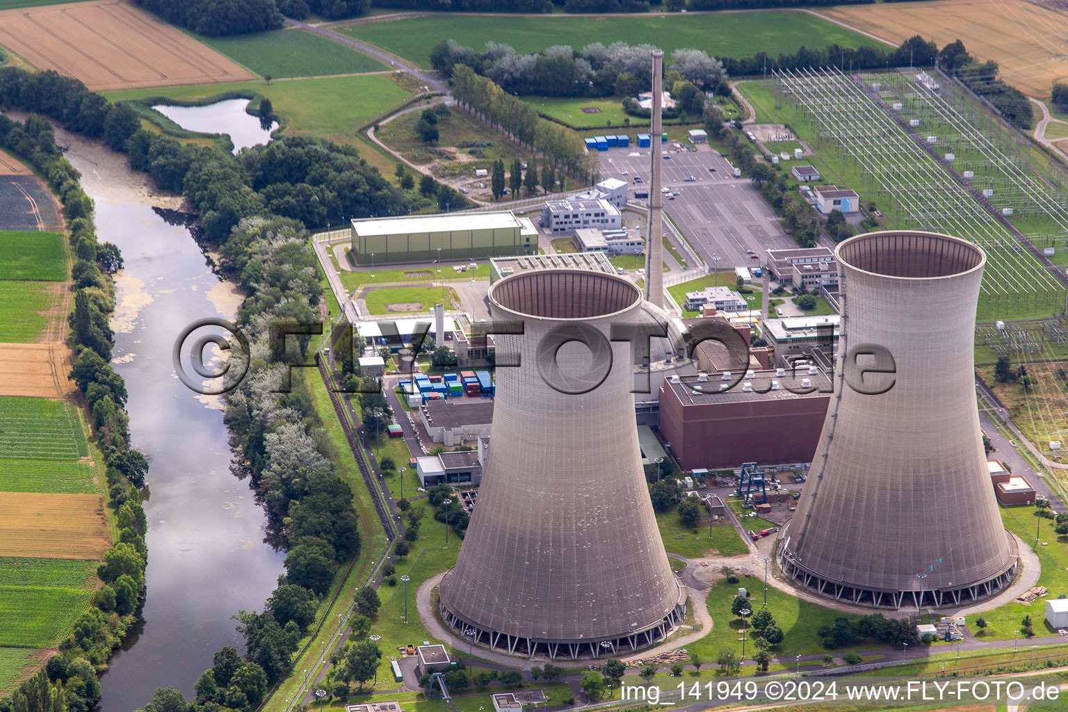 Aerial view of Shutdown nuclear power plant Grafenrheinfeld of Preussenelektra GmbH before demolition of the cooling towers in Grafenrheinfeld in the state Bavaria, Germany