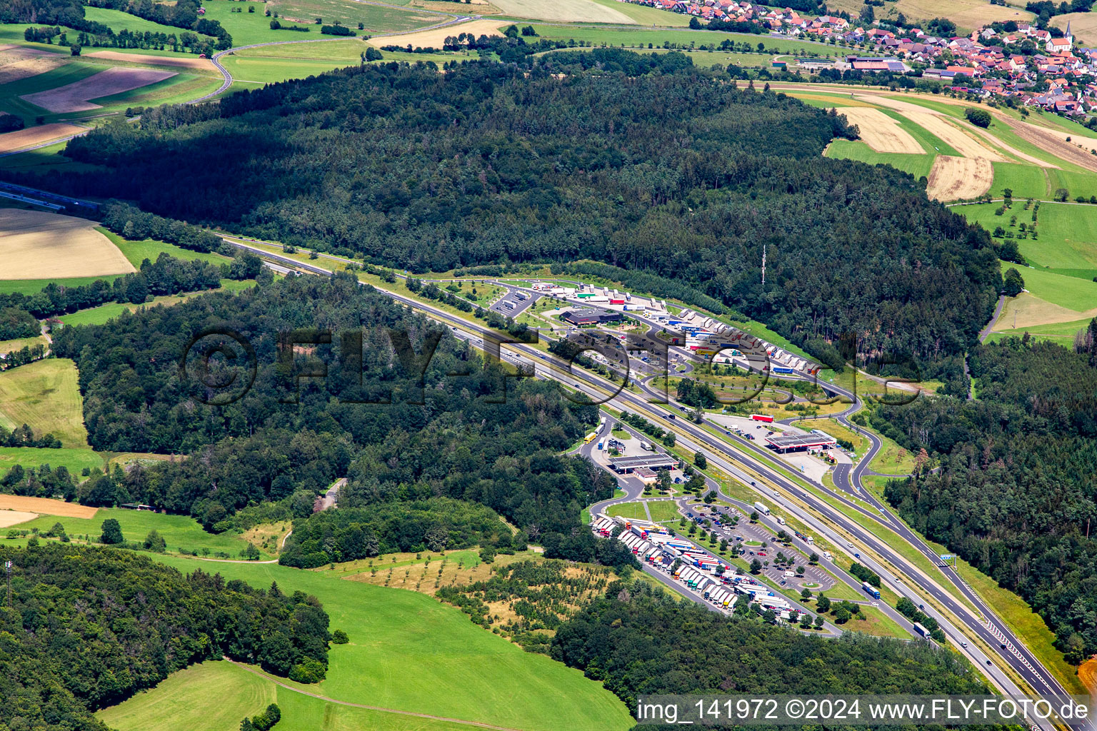 Tank & Rast service area Rhön West and East with truck parking on the A7 in Schondra in the state Bavaria, Germany