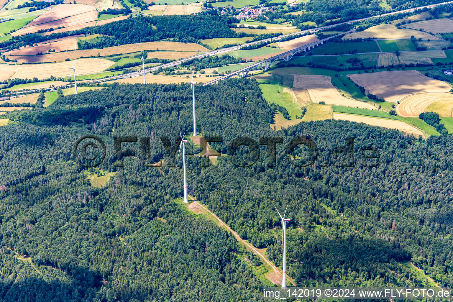 Aerial view of Wind farm in front of the Großschild Bridge in Kirchheim in the state Hesse, Germany