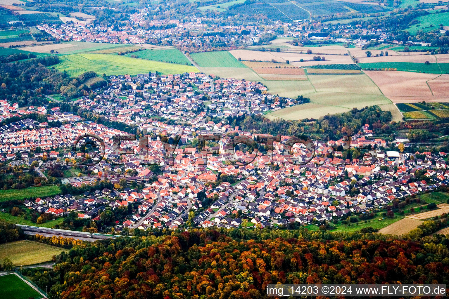 From the south beyond the A6 in Dielheim in the state Baden-Wuerttemberg, Germany