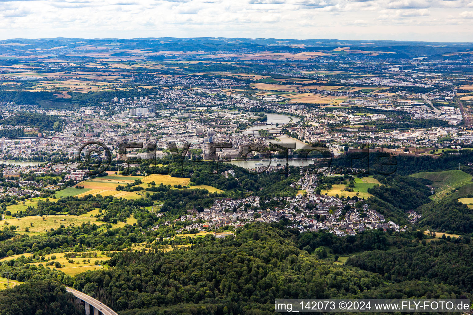 Mouth of the Moselle into the Rhine from the east in the district Altstadt in Koblenz in the state Rhineland-Palatinate, Germany