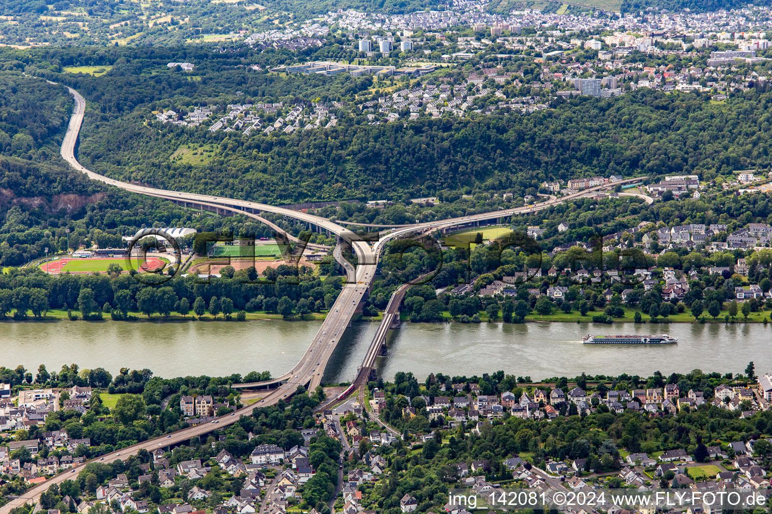 Bridge of the B327 and Horchheim railway bridge over the Rhine in the district Oberwerth in Koblenz in the state Rhineland-Palatinate, Germany