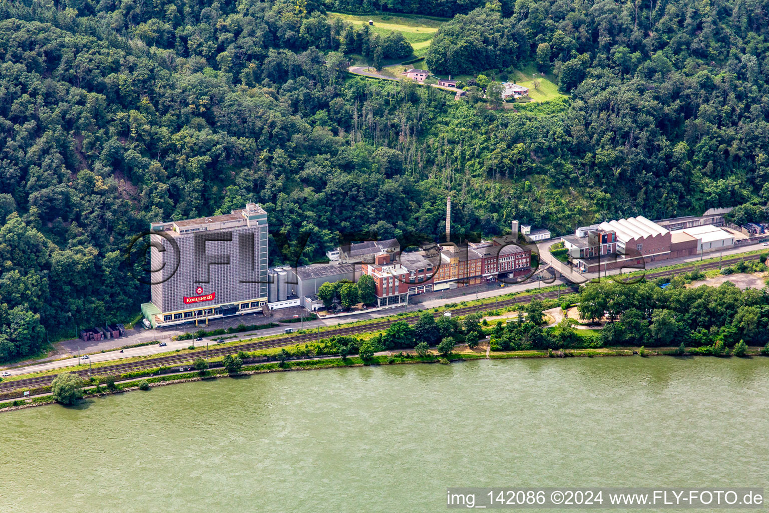 Aerial view of KnowledgeWorkshop Koblenz At the Königsbach on the left bank of the Rhine in the district Stolzenfels in Koblenz in the state Rhineland-Palatinate, Germany