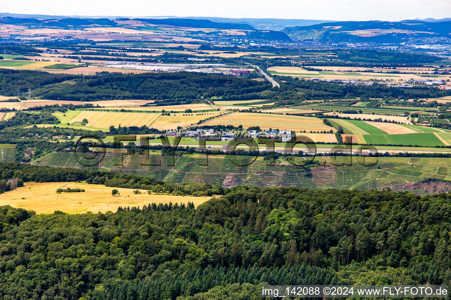 Koblenz/Winningen airport over the vineyards of the Moselle from the south in Winningen in the state Rhineland-Palatinate, Germany