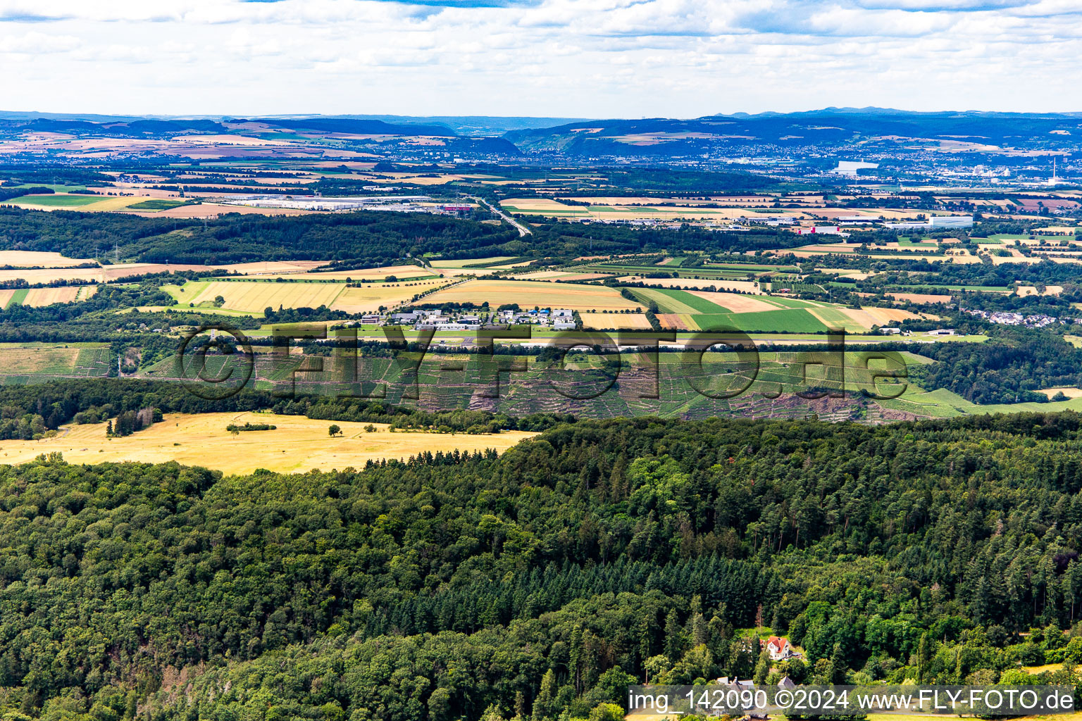 Aerial view of Koblenz/Winningen airport over the vineyards of the Moselle from the south in Winningen in the state Rhineland-Palatinate, Germany